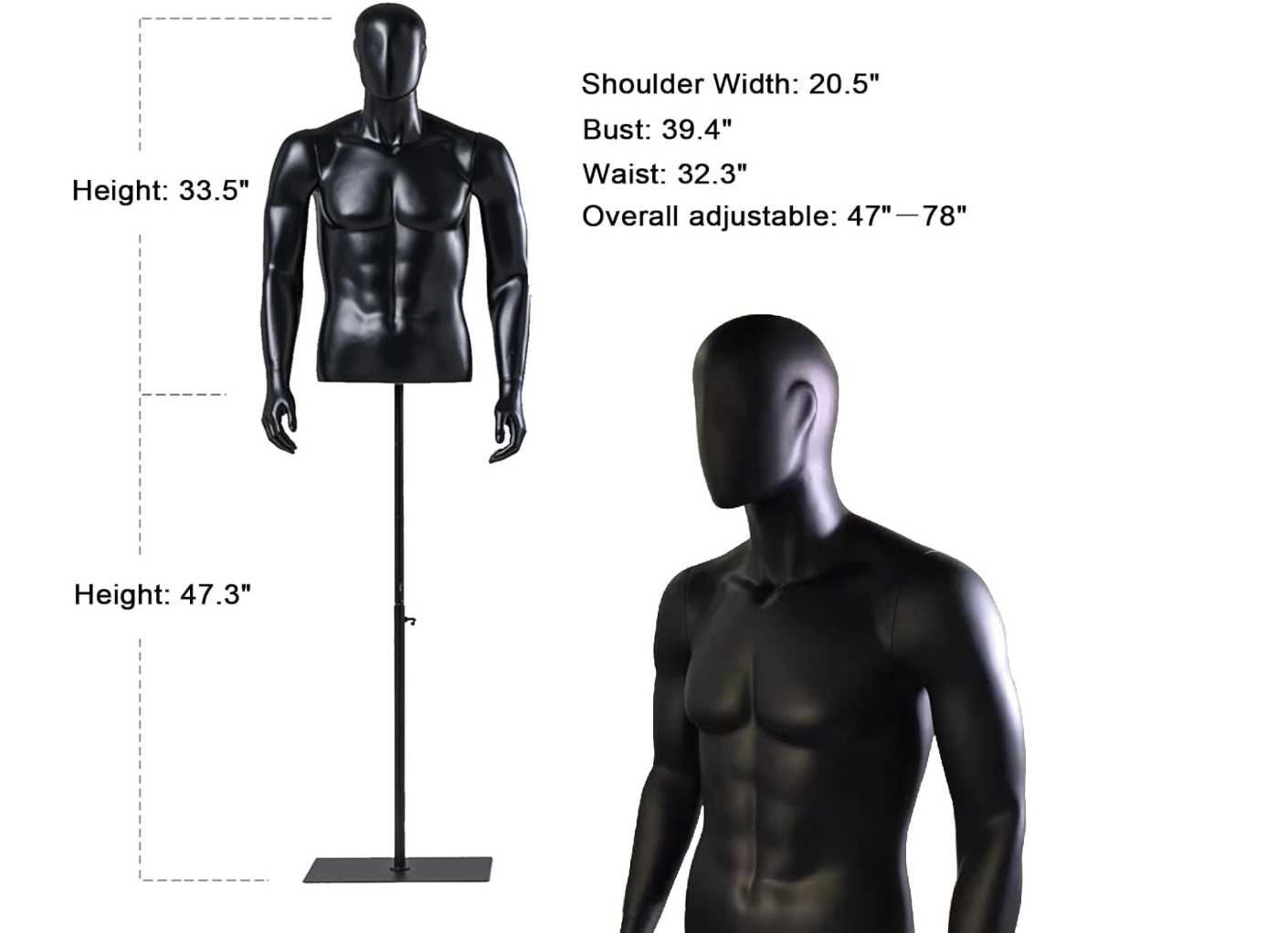 Black Abstract Male Torso Display Form - Straight Arms